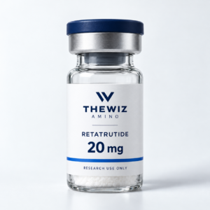 Concepto de etiqueta TheWiz Amino: Retatrutide 20 mg, blanco y azul marino